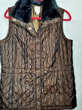 Charming Charlie Women's Brown Quilted Faux-Fur Collar Vest Size Medium